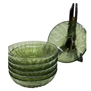 VTG Anchor Hocking Soreno Green Glass Bowls 6x1.75 Set of 6 Crinkle Textured MCM